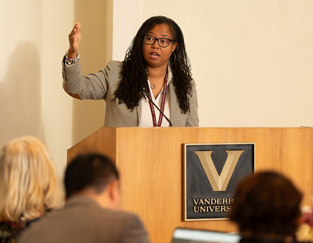 Nicole Patton Terry speaks at a podium